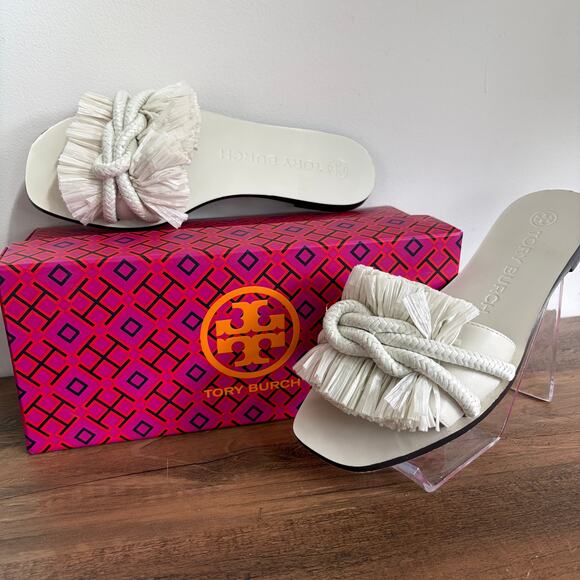 Tory Burch Rope Flat Slides Size 6 Sandals New Ivory White Box Resort Luxury - Picture 1 of 6